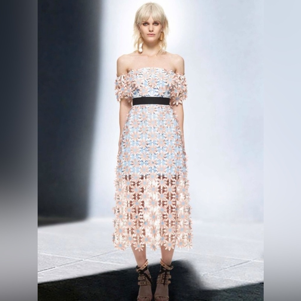 Self-Portrait Pastel Pink&Blue 3D Floral Lace Midi Dress (100% Authentic)
